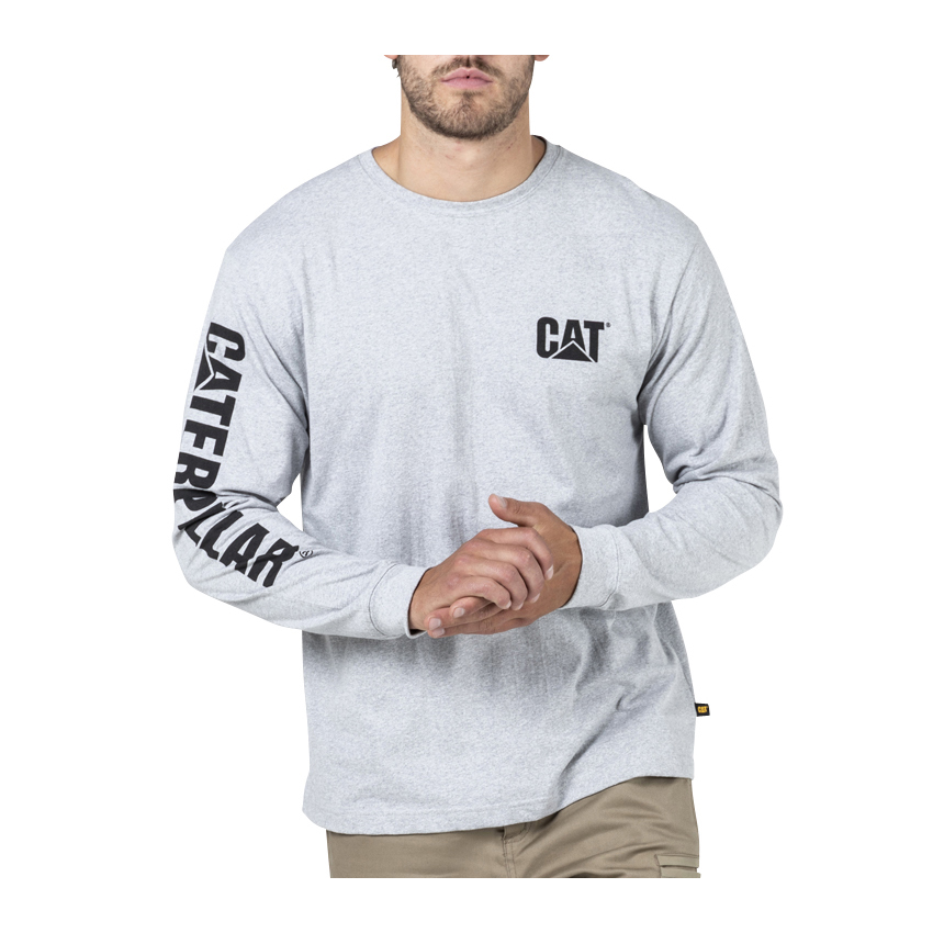 Caterpillar Clothing Online Pakistan - Caterpillar Trademark Banner L/S Mens T-Shirts Grey (098543-YBM)